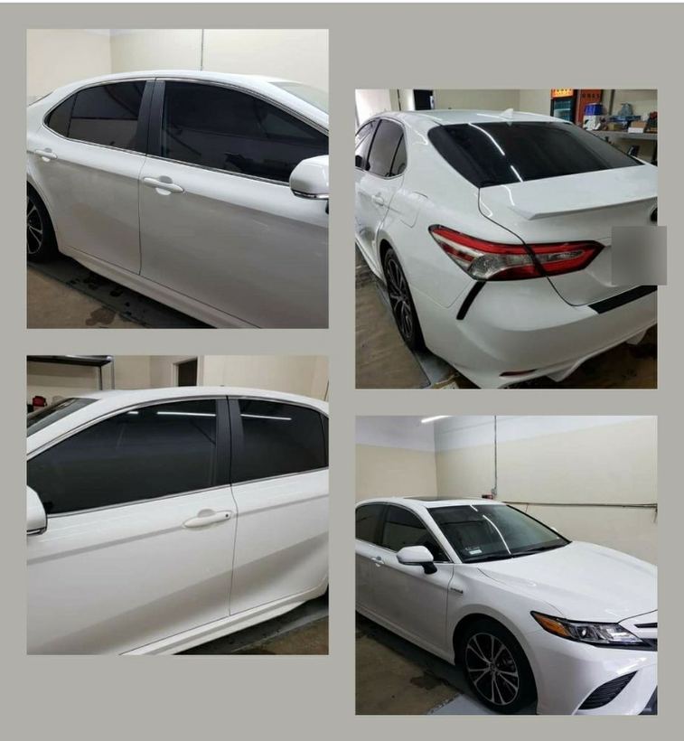 White Toyota Camry in the shop from four angles after tint
